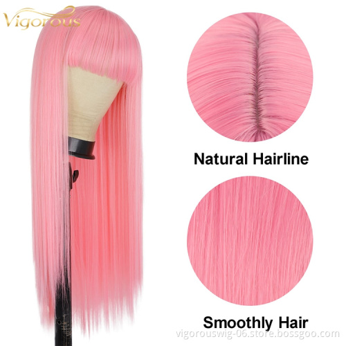 Pink Straight Wigs with Bang Long Wig for Women Cosplay Wig with Bangs Halloween 26 Inch